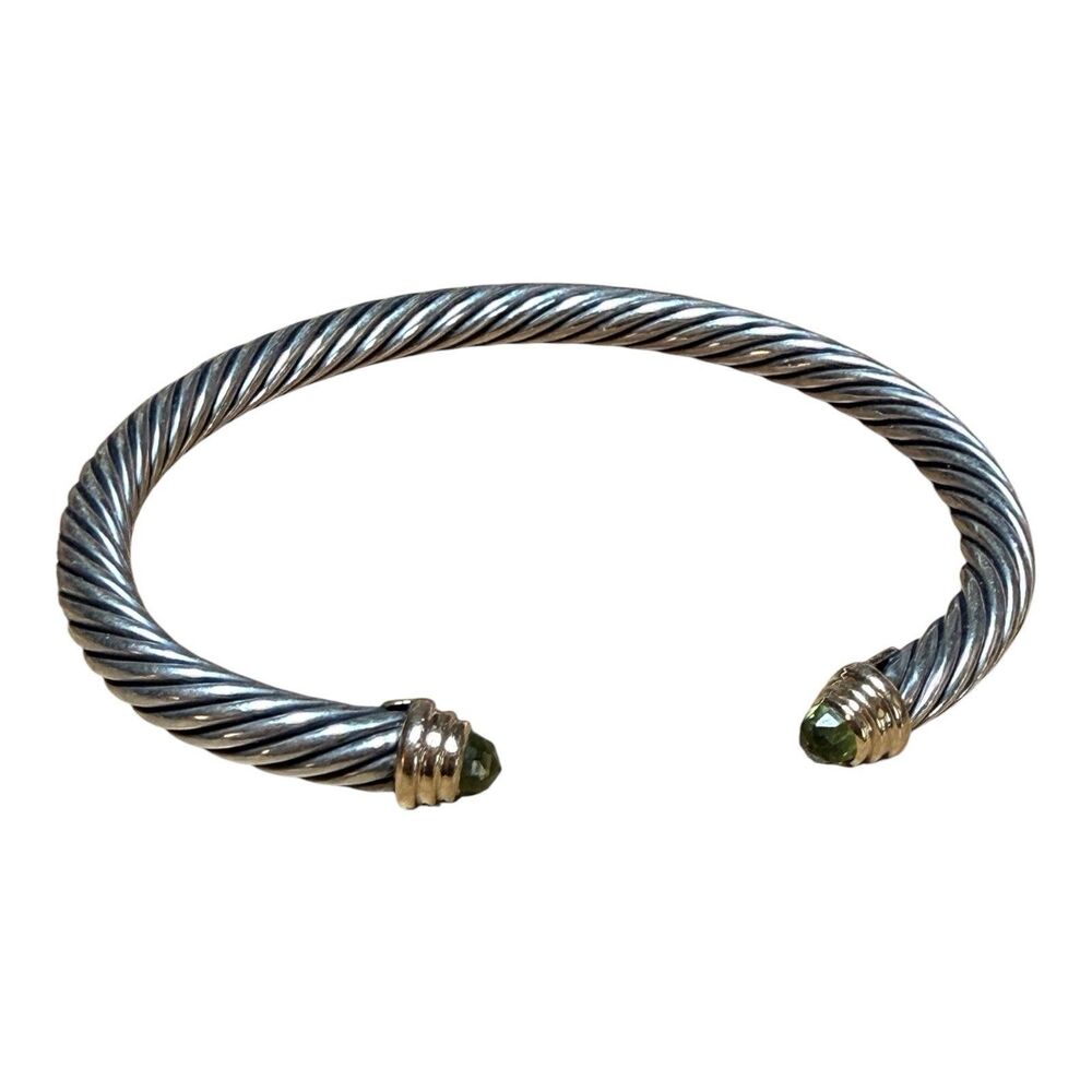 David Yurman Sterling Silver Peridot & 14K Gold 5mm Cable Cuff Bracelet Sz S 6”